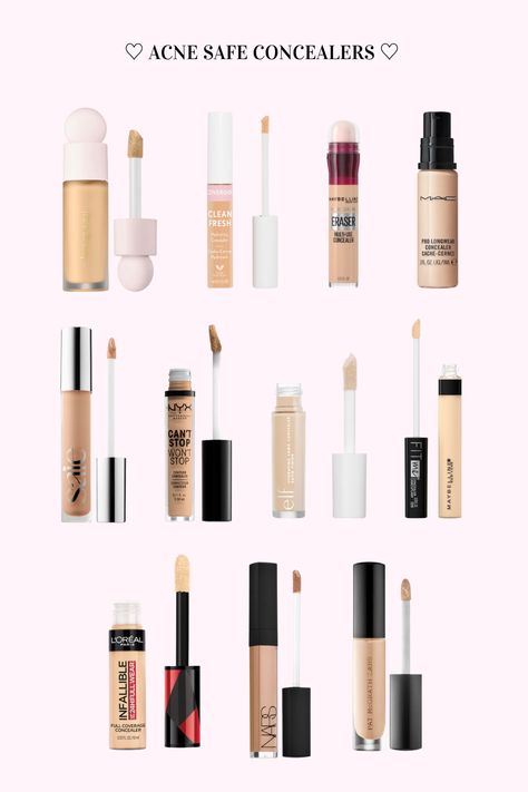 With the considerable amount of makeup products on the market today, it can be hard to be conscious of which ones are actually the best for you! Surprisingly many concealers are not ideal for preventing or avoiding breakouts. Luckily, we have done the research and the following have NO pore-clogging ingredients and thus should not cause breakouts. Best Makeup Concealer, Best Makeup Products For Acne Prone Skin, Must Buy Makeup Products, Makeup Base Products, Acne Makeup Products, Cvs Makeup Must Haves, Silicone Based Makeup Products, Non Pore Clogging Makeup, Good Cheap Concealer