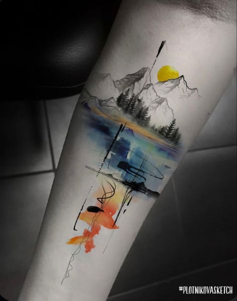 Watercolor Mountains Tattoo, Northern Lights Tattoo, Berg Tattoo, Lake Tattoo, Trash Polka Tattoo Designs, Travel Tattoo Small, Adventure Tattoo, Mountain Tattoo Design, A Tattoo Design