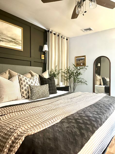 Neutrals With Black Accents Bedroom, Master Bedrooms Decor With Two Windows, Parents Bedroom Ideas Master Suite, Guest Bedroom Ideas Tan Walls, Kanwyn Bedroom Ideas, Grey And Cream Master Bedrooms, Dark Gray And Cream Bedroom, Benjamin Moore Backwoods Bedroom, Bedroom Inspirations Master Clean