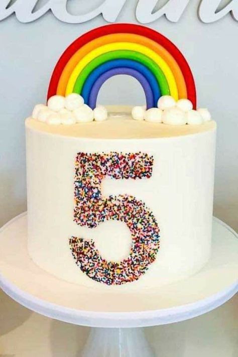 White Rainbow Cake, Rainbow And Sprinkles Cake, Rainbow Birthday Ideas Decoration, Cake With Rainbow On Top, My Little Pony Birthday Party Cake, Rainbow Decorated Cake, Rainbow Cakes For Girls Birthday, 5th Birthday Cake Girl, Simple Rainbow Cake