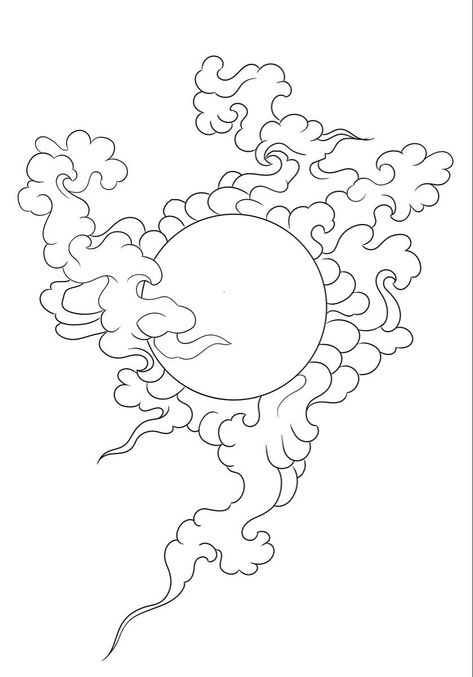 Kazutora Tattoo Design, Asian Style Clouds, Nubes Japonesas Tattoo, Sun Japanese Tattoo, Japanese Wind Tattoo, Japanese Cloud Tattoo Design, Japanese Cloud Art, Japanese Line Art, Japanese Sun Tattoo