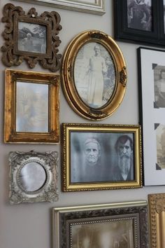 Ancestry Wall Ideas, Antique Family Photos Display, Ancestor Wall Ideas, Wall Of Framed Photos, Wall Of Gold Frames, Vintage Family Photos Display, Ancestor Photo Wall, Ancestor Wall Display, Ancestry Wall Display