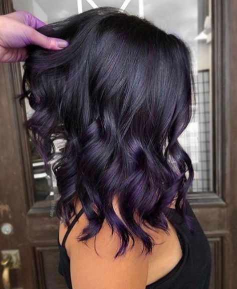 Eggplant Balayage Dark Brown, Dark Brown Hair Balayage Purple, Dark Brown And Violet Hair, Hair Color Ideas For Brunettes With Purple Highlights, Black With Violet Highlights, All Over Color With Partial Highlights, Purple Balayage On Dark Hair, Dark Brown With Purple Balayage, Dark Purple Almost Black Hair