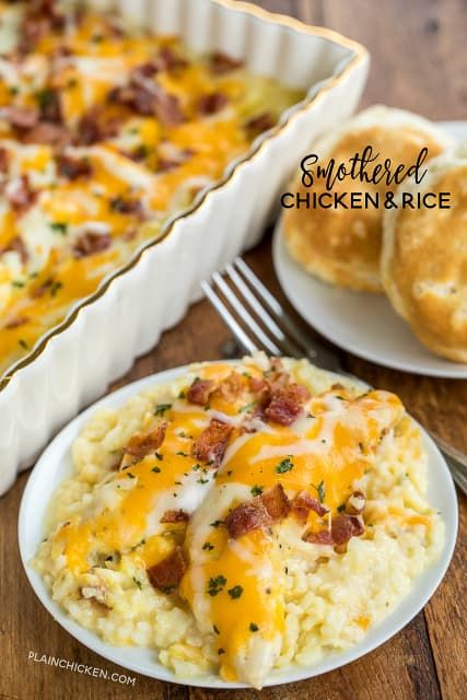 Smothered Chicken and Rice recipe - seriously delicious! Everyone cleaned their plate and asked for seconds! That never happens at our house!!! Chicken and rice baked in cream of chicken soup, milk, cheddar, mozzarella and bacon. Ready to bake in a snap and on the table in 30 minutes. We make this at least once a month!! SO GOOD!! Chicken Recipes For Big Family, Cream Of Chicken And Chicken Recipes, Best Main Dish Recipes, Chicken Nuggets And Rice, Chicken Tender And Rice Recipes, Chicken Tenders And Rice Recipes, Easy Dinner Recipes For Two Chicken, Dinners With White Rice, Chicken And Rice With Cream Of Chicken