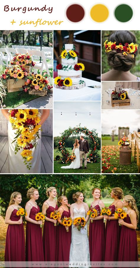 Wedding Season Colors, Country Wedding Colors, Sunflower Wedding Decorations, Rustic Sunflower Wedding, Sunflower Themed Wedding, Sunflower Wedding Bouquet, Wedding Color Trends, Boda Mexicana, Summer Wedding Colors