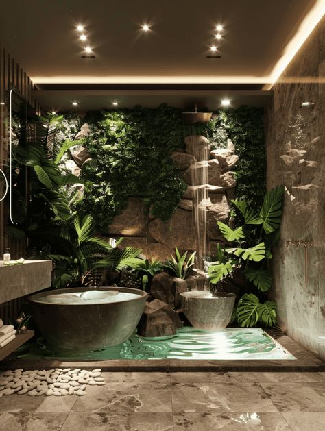 Tropical Bathrooms: Lush Greenery and Dreamy Decor Exotic Bathrooms, Tropical Bathroom Ideas, Boho Bad, Rustic Island, Jungle Bathroom, Bathtub Aesthetic, Homestead Property, Tropical Modernism, Bathroom Concepts