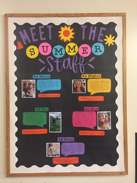 RA Meet The Staff Bulletin Board #ra #reslife #residentassistant #bulletinboard #bulletinboardideas #cricut Staff Boards Ideas, Meet The Teachers Bulletin Board, Ymca Bulletin Board Ideas, Meet Our Staff Display, Etsy Bulletin Boards, Club Information Board, Team Building Bulletin Boards, Daycare Staff Board, Staff Of The Month Bulletin Board