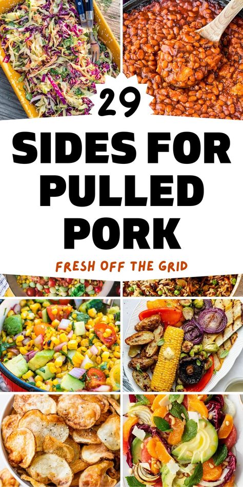 Tender and melt-in-your-mouth good, pulled pork can be served in a variety of ways–and it’s even better with these tasty sides for pulled pork! This huge, delicious list of side dishes for pulled pork includes everything from crisp salads to creamy coleslaw and from tender potatoes to baked beans–and everything in between! These are the very best sides for pulled pork to make a delicious, well-rounded meal. Pull Pork Sides, Best Sides For Pulled Pork, What To Serve With Bbq Pulled Pork, Pulled Pork For A Crowd Parties, What To Eat With Pulled Pork Sandwiches, Sides For Bbq Pulled Pork, Pulled Pork Sandwiches Sides Ideas, Sides That Go With Pulled Pork, Pulled Pork Sliders Sides