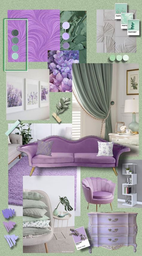 moodboard, lavanda, mint💜💚 Mint And Purple Bedroom, Lavender Office Decor, Sage Green And Lilac Bedroom, Green And Lilac Bedroom, Green And Lavender Bedroom, Lavender Living Room Ideas, Sage And Lavender Bedroom, Lavender Living Room Decor, Green And Purple Living Room