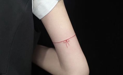 Red Bow Tattoo, Red String Tattoo, String Tattoo, Matching Tats, Bow String, Bow Tattoo, Birth Flower Tattoos, Red Tattoos, Line Tattoo