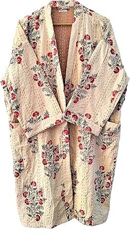 Multicolor Cotton Kimono With Floral Embroidery, Spring Folk Style Embroidered Kimono, Sashiko Jacket, Multicolor Block Print Cotton Outerwear, Long Sleeve Cotton Patchwork Kimono, Multicolor Kimono With Block Print, Kantha Jacket, Cotton Kimono, Indian Block Print