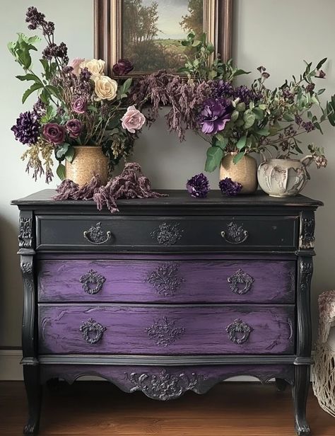 Create Purple Gothic Furniture, Witchy Dresser Makeover, Gothic Dresser Diy, Witchy Dresser, Gothic Upcycle, Gothic Furniture Diy, Purple Furniture, Revamp Furniture, Gothic Bedroom