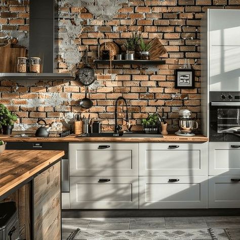 Rustic Kitchen Design with White Cabinets and Exposed Brick Walls Brick Wall Interior Kitchen, Exposed Brick Walls Kitchen, Cottage Kitchen Backsplash, Kitchen Brick Wall, Cottage Kitchen Tiles, Cottage Kitchen Renovation, Modern Cottage Kitchen, Brick Living Room, Backsplash Patterns