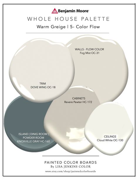 Whole House Palette, Neutral Paint Palette, Dove Wing, Greige Paint, Grey Owl, Color Boards, Open Concept Home, House Color Palettes, Revere Pewter