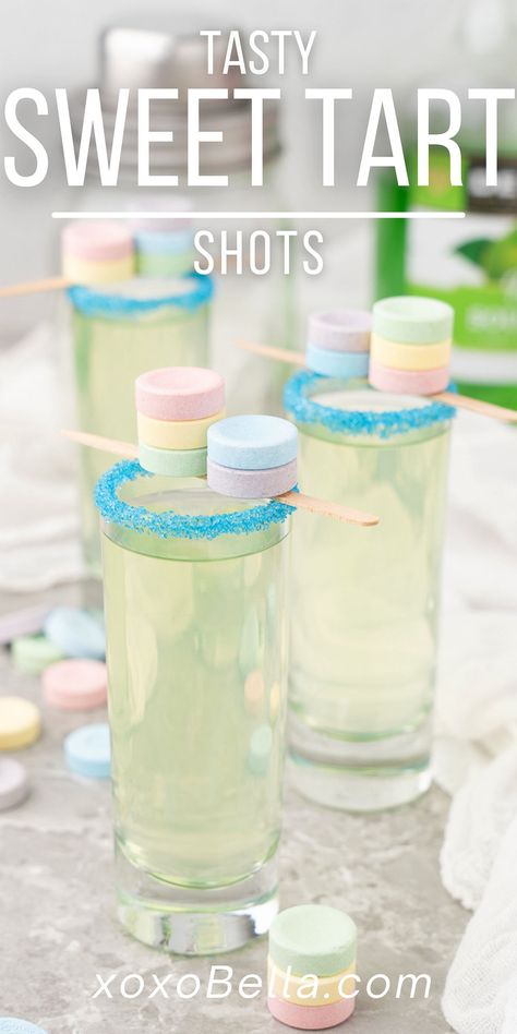 Sweet Tart Shot Recipe, Sweetarts Candy, Candy Alcohol Drinks, Shots Alcohol Recipes, Cherry Flavoured, Sour Apple Pucker, Candy Shots, Apple Schnapps, Flavored Rum