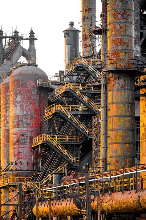 "Vibrant print of the Bethlehem Steel blast furnace printed on Aluminum, Canvas, or photo paper. The aluminum print stands about a half inch off the wall and will include a cleat for easy hanging. Please note for the framed version the size listed is the size of the print only.  Actual dimensions for the mat and frame are 3 3/4\" in each direction. The photographic prints will be sent in a tube." Forklift Aesthetic, Industrial Architecture Concept, Colorful Industrial Decor, Abandoned Warehouse Exterior, Factory Aesthetic, Factory Environment, Steel Aesthetic, Industrial Frame, Bethlehem Steel