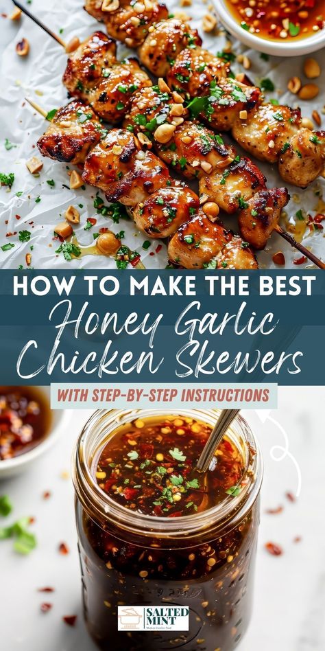 Honey garlic chicken skewers! Easy to prepare, whether you choose to grill or bake. This recipe transforms chicken into a delicious, healthy dinner option, blending Asian tastes with the simplicity of chicken breast or thighs. Chicken On Skewers Kabob Recipes, Grill Chicken Dinner Ideas, Chicken Marinade Honey Garlic, Bbq Chicken Skewer Salad, Chicken Skewer Marinade Recipes, Healthy Chicken Skewer Recipes, Honey Garlic Chicken Kabobs, Asian Chicken Skewers Grilled, How To Make Chicken Skewers