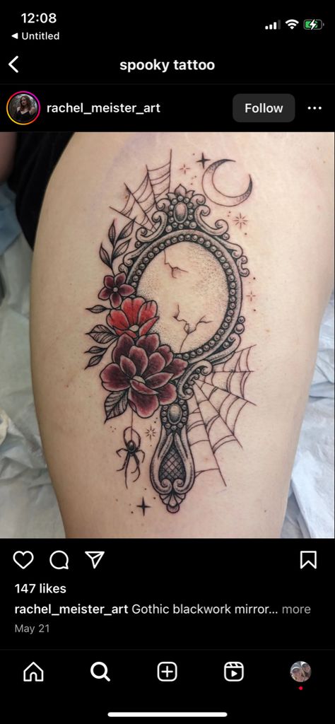 Spooky Mirror Tattoo, Victorian Mirror Tattoo, Mirror Tattoo Vintage, Hand Mirror Tattoo, Victorian Tattoos, Mirror Tattoo, Victorian Tattoo, Mirror Tattoos, Victorian Mirror