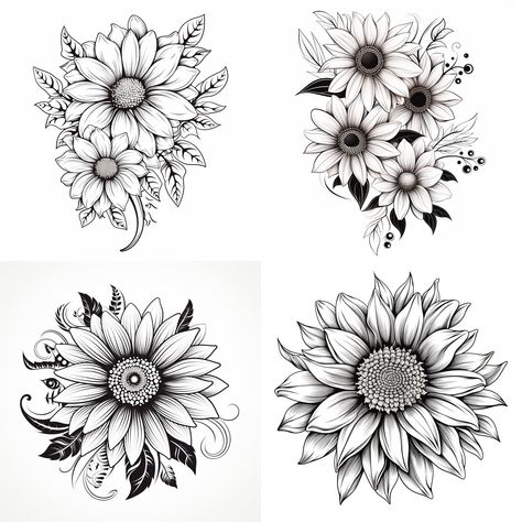 Sunflower Tattoo With Shading, Flower Tattoos Filler, Sunflower Filigree Tattoo, Sunflower Side Tattoos Women, Black Ink Sunflower Tattoo, Tattoo Sleeves For Women Colorful, Dahlia Sunflower Tattoo, Butterflies And Sunflowers Tattoo, Sunflower And Flowers Tattoo