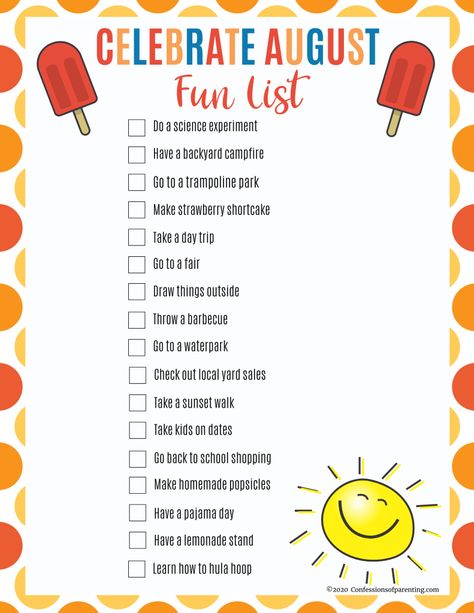 Looking for a fun bucket list to do with your kids this summer? Check out this Celebrate August Fun List that's a FREE PRINTABLE! #free #printable #bucketlist #bucketlistforkids August Things To Do, Things To Do In August, August Activities For Kids, August To Do List, August Bucket List, Personal Binder, August Activities, Season Activity, Bucket List Journal