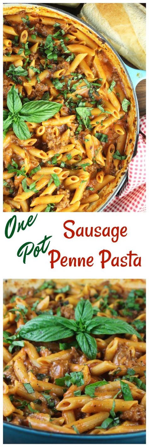 One Pot Sausage Penne Pasta Recipe ~ Perfect for busy weeknights from MissintheKitchen.com #Sponsored by Barilla Recipes For Dinner Sausage, Ww Pasta, Sausage Penne Pasta, Pasta Recipes For Dinner, One Pot Sausage, Penne Pasta Recipe, Sausage Penne, Recipes Hamburger, Dinner Sausage