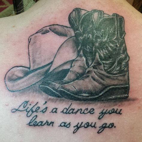 Grandpa Tattoo In Memory Of Cowboy, Country Tattoos Ideas, Dancing Boots Tattoo, Country Memorial Tattoos, Horse Memory Tattoo, Country Tattoo, Country Girl Tattoos, Cowboy Boot Tattoo, Cowboy Tattoo