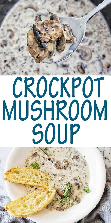 Easy Slow Cooker Mushroom Soup is a recipe you need this winter. Comforting and creamy. Serve with crusty bread. #crockpotsoup @sweetcaramelsunday Crock Pot Cream Of Mushroom Soup, Slow Cooker Mushroom Recipes, Crock Pot Mushroom Soup, Slow Cooker Cream Of Mushroom Soup, Crockpot Hungarian Mushroom Soup, Slow Cooker Recipes With Mushrooms, Hungarian Mushroom Soup Crock Pot, Thick Mushroom Soup, Creamy Mushroom Soup Crockpot