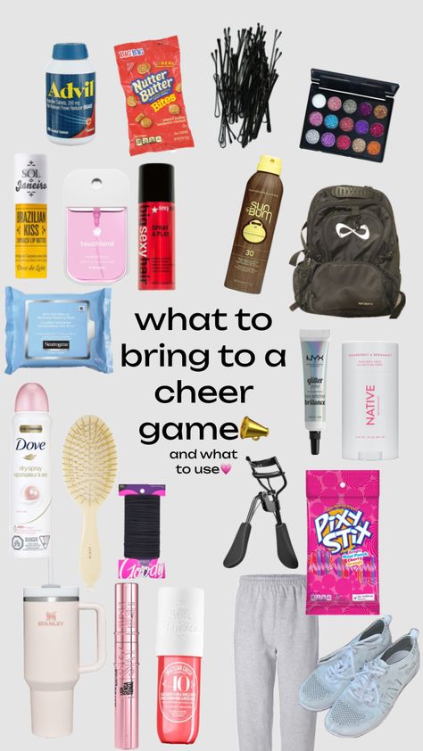 #cheer #game #preppy #inspo Game Day Packing List Cheer, Cheer Equipment For Home, Stuff To Put In Your Cheer Bag, Cheer Game Day Checklist, Cheerleader Must Haves, What To Put In Cheer Bag, What To Put In Ur Cheer Bag, What To Pack For Cheer Competition, Cheer Bag Essentials Game Day