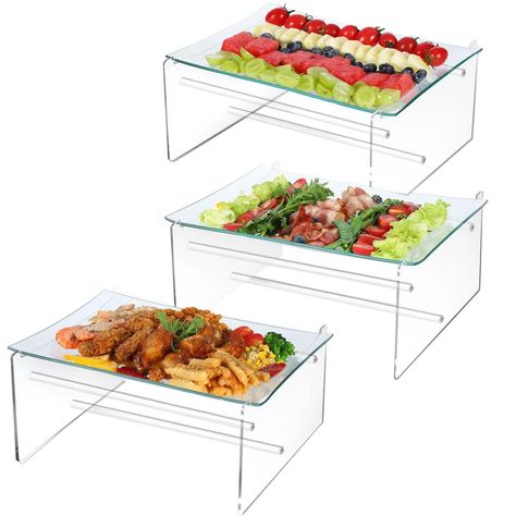 PRICES MAY VARY. Durable and Sturdy: These appetizer serving trays are made of premium tempered glass, durable, shatter-proof and crack-proof. They are completely free from BPA, have no chemical odor, safe to use without worry. The base was made of clear acrylic, make you food look more outstand Super Affordable Set: Set of 3 large food serving platters size: 10×14inch. Perfect for serving appetizer, charcuterie, salad, fruit and dessert, baked goods and more Widely Application: 3 Pack serving s Risers For Buffet Table, Charcuterie Salad, Catered Appetizers, Charcuterie Dessert, Catering Platters, Catering Trays, Serving Stand, Salad Fruit, Display Risers