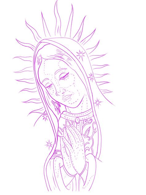 Rare Tattoo Stencils, Virgin Of Guadalupe Drawing, Random Tattoo Stencil, The Virgin Mary Drawing, Virgin Mary Outline Drawing, Drawing Ideas Mexican Culture, Virgencita Drawing Chicana, Chinacos Drawings, Mexicana Tattoo Design