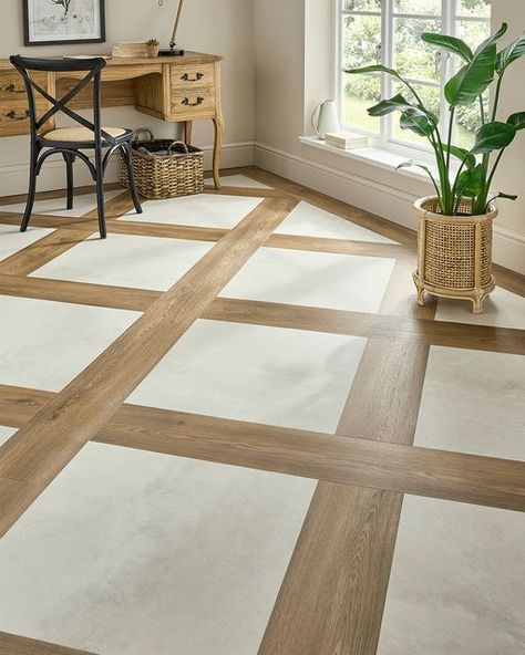 Direct Wood Flooring on Instagram: "Mix it up with EvoCore 360! ✨ This versatile range allows you to mix and match wood to tile designs - it's perfect for making a statement! 🙌 🛒 Order your Free Samples today! 👉 Link in bio . . . . . . #EvoCore #EvoCoreFlooring #EvoCore360 #CheapFlooring #LuxuryFlooring #InteriorInspo #InteriorStyling #DecorDailyDose #HomeDecor #DIYHomeDecor #FurnitureDecor #JungalowStyle #HouseTour #FindItStyleIt #HomeRenovation #InteriorDesign #ModernHome #HomeGoals #Interi Wood Tile Entryway Design, Tiled Herringbone Floor, Mixed Flooring Ideas Wood And Tile Entryway, Tile With Wood Inlay, Two Tone Flooring Ideas, Wood And Tile Flooring Combination Entry, Wood And Tile Flooring Combination Kitchen, Cool Tile Patterns, Tile Inlay Wood Floor Entryway