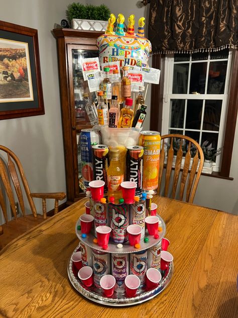 3 tier 
Alcohol tower Alcohol Tower, 21st Birthday Beer Cake, Diy 21st Birthday Gifts, Booze Gift, Beer Cakes, Birthday Beer Cake, Liquor Cake, Birthday Money Gifts, Birthday Beer