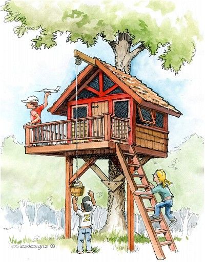 Downloadable Treehouse & Playhouse Plans - Plans For Treehouses And Playhouses. Single Tree Treehouse, Tree House Inside, Kids Gardening Projects, Treehouse Plans, Simple Tree House, Supraviețuire Camping, Playhouse Plans, Tree House Plans, Tree Fort