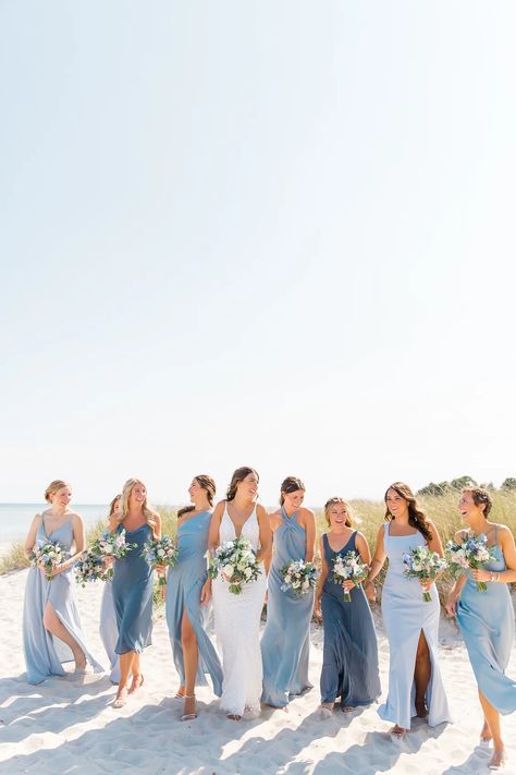 Coastal Grandma Bridesmaids, Wedding At Beach Dresses, Cute Wedding Bridesmaid Dresses, Blue Beachy Bridesmaid Dress, Beach Bridesmaid Dresses Blue, Light Blue And White Beach Wedding, Carolina Blue Wedding Colors, Destination Wedding Bridesmaid Dresses Beach, Cape Cod Bridesmaid Dresses