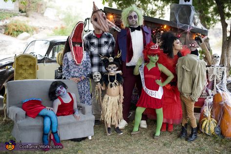 Beetlejuice Family Of 3 Costume, Nettle Juice Costume, Beetle Juice Family Halloween Costumes, Creepy Family Costumes, Beetle Juice Group Costume, Family Beetlejuice Halloween Costumes, Beatle Juice Family Costumes, Beetle Juice Characters Costume Ideas, Bettle Juice Family Costumes