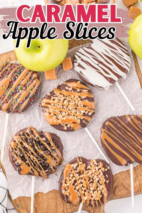 This easy chocolate Caramel Apple Slices recipe is a tasty fall treat, made in 10 minutes using only 3 ingredients (plus water) and your favorite festive toppings. Easier to eat than biting into a big candy apple and fun to make with the kids! #caramelapple #applerecipe #falldesserts Caramel Apple Bites Recipe, Apple Bake Sale Ideas, Carmel Apple Pops Recipe, Caramel Apples With Kraft Caramels, Easy Recipe For Carmel Apples, Glitter Dipped Candy Apples, Chocolate Caramel Apple Pops, Easy Candied Apples, Carmel Candy Apple Slices