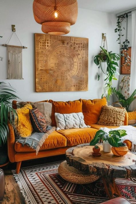 Love the vintage touchInject personality into your living room with these boho decor ideas featuring timeless vintage findsClick for more ideas！ Simple Boho Decor Living Room, Yellow Bohemian Living Room, Boho Living Room Decor Bright Colors, Colorful Vintage Living Room, Yellow Aesthetic Home, Living Room Color Palette Ideas, Boho Vintage Living Room, Yellow Couch Living Room, Orange Couch Living Room Ideas