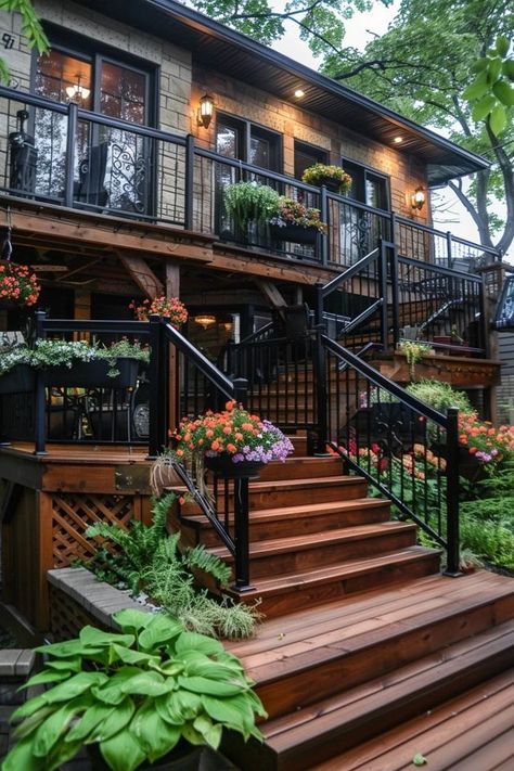 Upper Level Deck Ideas Second Story, 3 Tier Deck, Small Raised Deck, High Decks Backyard, Two Story Deck Ideas, Two Tier Deck Ideas, 2nd Story Deck Ideas, Narrow Deck Ideas, Deck With Patio Underneath