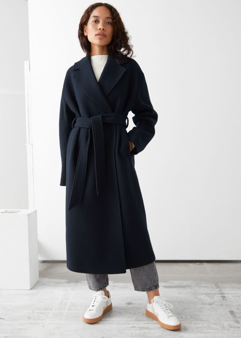 Navy Wrap Coat, Navy Long Wool Coat, Navy Wool Coat Outfit, Belted Coat Outfit, Black Wool Coat Outfit, Navy Coat Outfit, Black Wool Coat Women, Long Black Wool Coat, Wool Coat Outfit