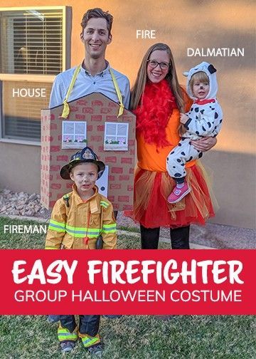 Easy and cute firefighter group costume for Halloween. Our family's fireman, Dalmatian, fire, and house. DIY instructions for how to make it. Firefighter And Flame Costume, Fire Hydrant Halloween Costume, Firefighter Family Costume Ideas, Group Firefighter Costume, Fire Truck Family Costume, Fireman And Dalmatian Costume Kids, Fire Family Costume, Fireman Family Halloween Costumes, Diy Fire Fighter Costume Kids