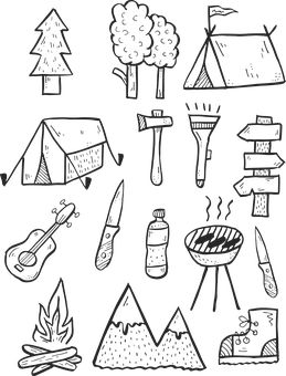 Hiking Images, Camping Cartoon, Hand Drawn Doodles, Cooking Outdoors, Essential Camping Gear, Portable Water Filter, Battery Lamp, Clean Drinking, Portable Stove