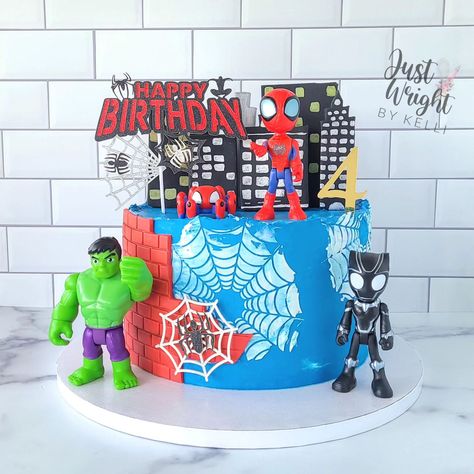 You know it's a party when Spiderman and his friends show up! Happy 4th birthday to an amazing 4 year old! . . . #spidermancake #spideyandfriends #kidscake #nhbaker #webs #hulksmash #4thbirthday #birthdaycake #chocolate #stenciledcake Happy 4 Birthday Boys Year Old Theme, 4 Year Birthday Party Ideas Boy, Boys 4th Birthday, 4 Birthday, Party Themes For Boys, Happy 4th Birthday, Birthday Themes For Boys, Spiderman Party, Spiderman Cake