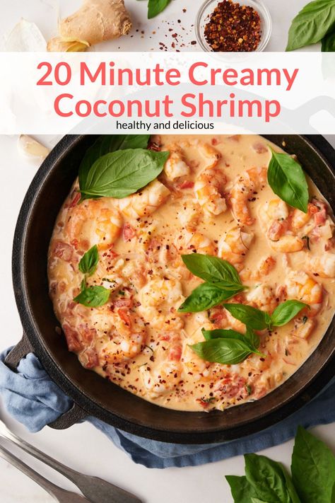 This low carb, Paleo, and Whole30 Creamy Coconut Shrimp with tomatoes, garlic, ginger, basil, and coconut milk is so tasty. Ready in 20 minutes for the best dinner. #dinner #kidfriendly #quickandeasy Garlic Coconut Shrimp, Coconut Cream Shrimp, Shrimp With Coconut Milk, Coconut Milk Shrimp, Creamy Coconut Shrimp, Shrimp With Tomatoes, Healthy Coconut Shrimp, Shrimp Coconut Milk, Shrimp Coconut