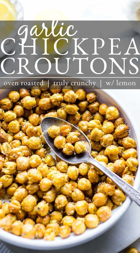 Crispy chickpeas in a bowl with a spoon. Roasted Chickpea Recipes, Chickpea Puffs, Chickpea Croutons, Chickpeas Roasted, Garlic Chickpeas, Garbanzo Bean Recipes, Bd Ideas, Chickpea Snacks, Chickpeas Recipe