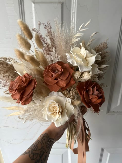 Rustic Wedding Bridesmaid Bouquet, Terracotta Bride Bouquet, Terracotta Wedding Floral Arrangements, Terracotta Flower Bouquet, Boho Fall Bouquet, Terracotta Flower Arrangements, Terracotta Floral Arrangement, Dried Floral Arrangements Wedding, Terracotta And Cream Wedding