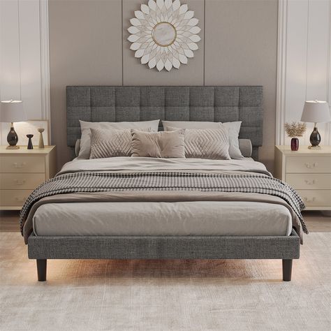 Upholstered in linen fabric with a square stitched design, this deluxe queen-size platform bed adds glamour and comfort to your bedroom. RGB light string with a variety of colors and light modes allows you to choose to fit your bedroom style. Bed Frame With Lights, Linen Bed Frame, Frame With Lights, Modern Style Bed, Leather Platform Bed, Tufted Platform Bed, Bed With Led Lights, Modern Bed Frame, Bed Platform