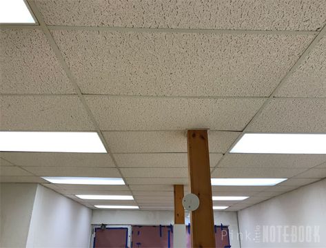 Old, Dated Ceiling Tile—No Problem! Ceiling Tile Bedroom, Wallpaper On Drop Ceiling Tiles, Cheap Drop Ceiling Ideas, Wallpaper Ceiling Tiles, Painted Drop Ceiling, Ceiling Tile Makeover, Fluorescent Light Covers Diy, Painting Ceiling Tiles, Painted Ceiling Tiles