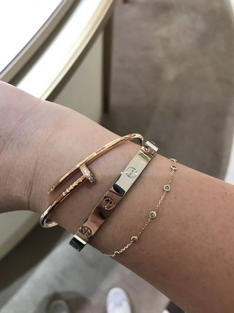 JUC - Thinner Version Released | Page 36 - PurseForum Cartier Juc Bracelet Stack, Juste Un Clou Bracelet Stack, Cartier Jewelry, Classy Jewelry, Brighton Jewelry, Stacked Jewelry, Girly Jewelry, Cartier Love Bracelet, Jewelry Inspo