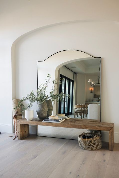 Modern Organic Entryway Bench, Mirror With Bench Entryway, Entryway Decor Bench And Mirror, Mirror On Bench, Giant Mirror Entryway, Primrose Mirror Entryway, Floor Length Mirror Entryway, Spanish Modern Entryway, Simple Clean Home Decor