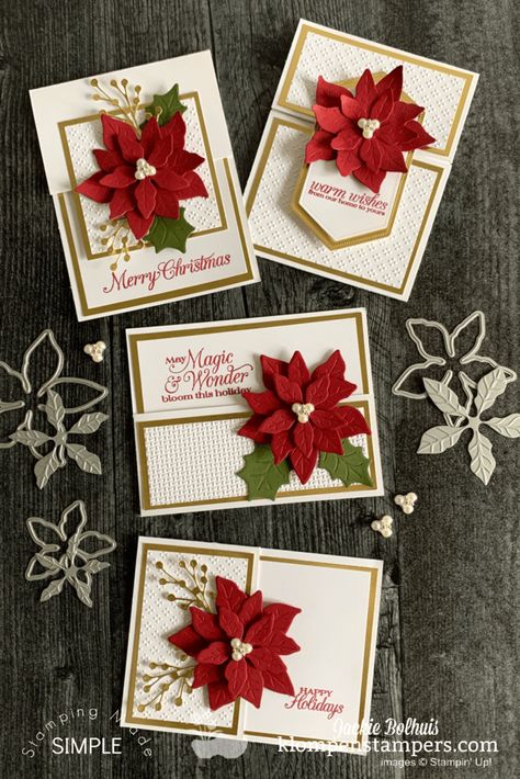 Handmade Christmas Cards With Poinsettias, Handmade Cards For Christmas, Stamping Christmas Card Ideas, Pointsetia Christmas Cards, Su Christmas Cards Ideas, Beautiful Diy Christmas Cards, Christmas Cardmaking Ideas, Poinsettia Cards Ideas, Beautiful Handmade Christmas Cards